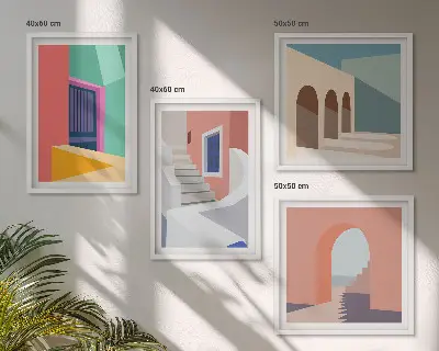 Kleurrijke moderne gebouwen set posters met lijst