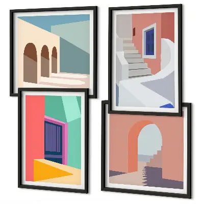 Kleurrijke moderne gebouwen set posters met lijst