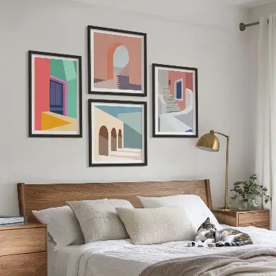 Kleurrijke moderne gebouwen set posters met lijst