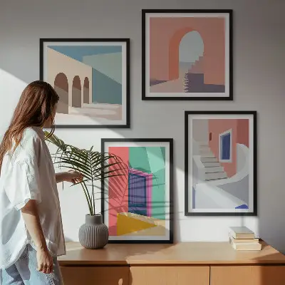 Kleurrijke moderne gebouwen set posters met lijst