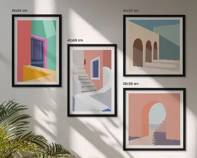 Kleurrijke moderne gebouwen set posters met lijst
