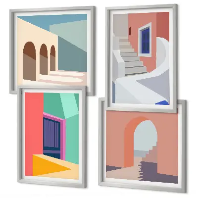 Kleurrijke moderne gebouwen set posters met lijst