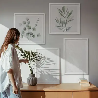 Set van posters met lijst met marmeren structuur en pastelkleurige takjes