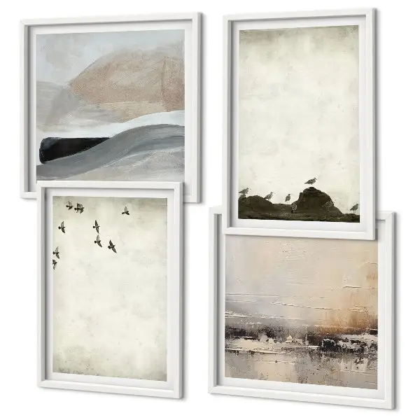Set van posters met lijst met afbeeldingen van vogels, rotsen, penseelstreken en versieringen