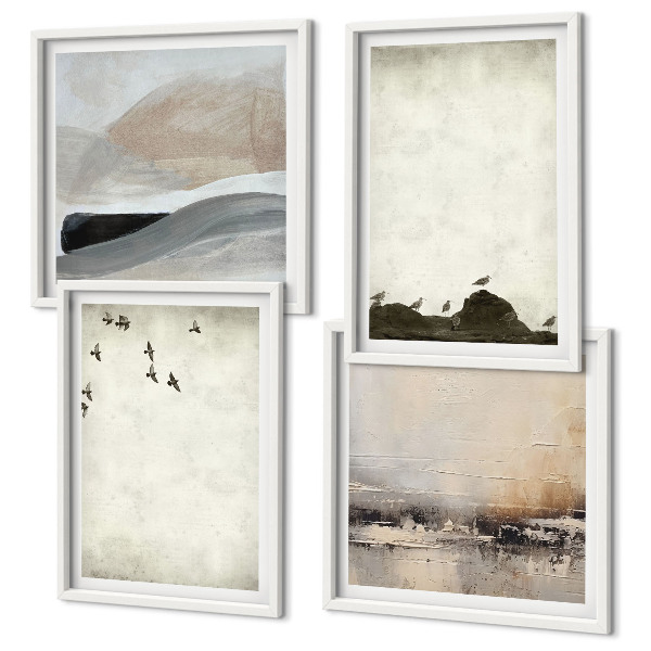 Set van posters met lijst Vogels, rotsen, penseelstreken, versieringen