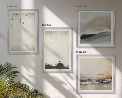 Set van posters met lijst met afbeeldingen van vogels, rotsen, penseelstreken en versieringen