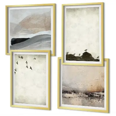 Set van posters met lijst met afbeeldingen van vogels, rotsen, penseelstreken en versieringen