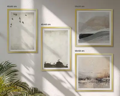 Set van posters met lijst met afbeeldingen van vogels, rotsen, penseelstreken en versieringen