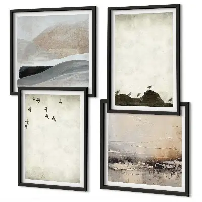 Set van posters met lijst met afbeeldingen van vogels, rotsen, penseelstreken en versieringen