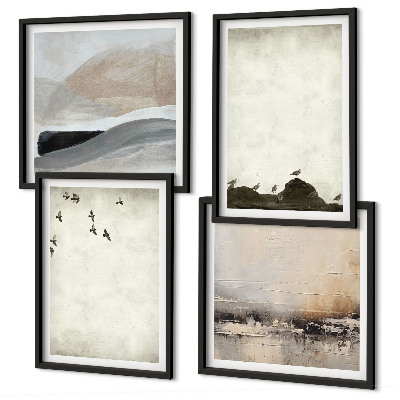 Set van posters met lijst Vogels, rotsen, penseelstreken, versieringen