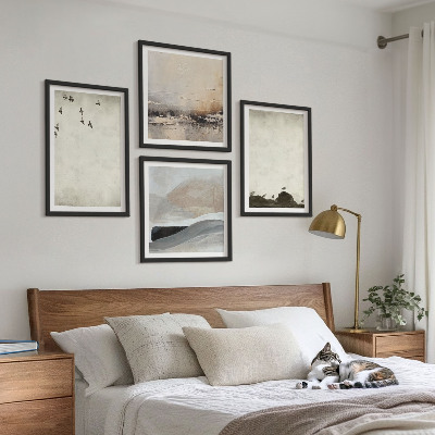 Set van posters met lijst Vogels, rotsen, penseelstreken, versieringen