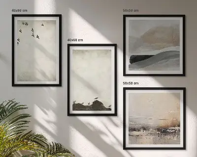 Set van posters met lijst met afbeeldingen van vogels, rotsen, penseelstreken en versieringen