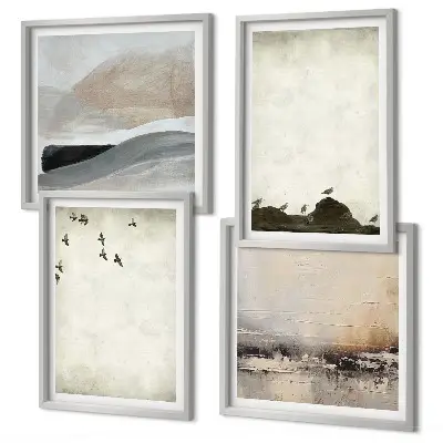 Set van posters met lijst met afbeeldingen van vogels, rotsen, penseelstreken en versieringen