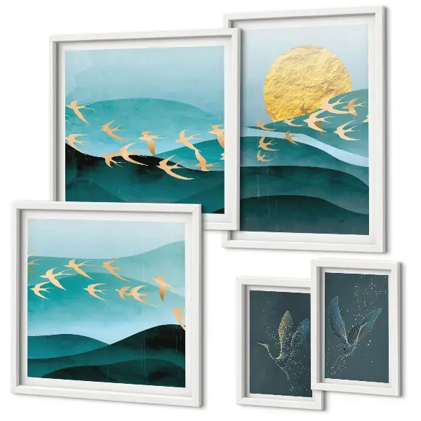 Moderne schilderijen set met een artistieke voorstelling van vogels en golven