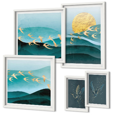 Moderne schilderijen set De harmonie van vogels en golven op een moderne manier.