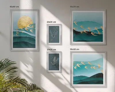 Moderne schilderijen set met een artistieke voorstelling van vogels en golven
