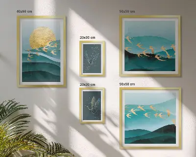 Moderne schilderijen set met een artistieke voorstelling van vogels en golven