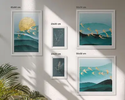 Moderne schilderijen set met een artistieke voorstelling van vogels en golven
