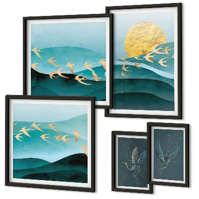Moderne schilderijen set De harmonie van vogels en golven op een moderne manier.