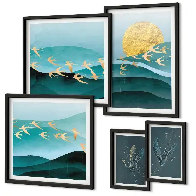 Moderne schilderijen set met een artistieke voorstelling van vogels en golven