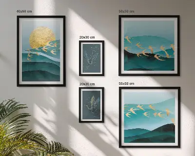 Moderne schilderijen set met een artistieke voorstelling van vogels en golven