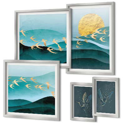 Moderne schilderijen set De harmonie van vogels en golven op een moderne manier.