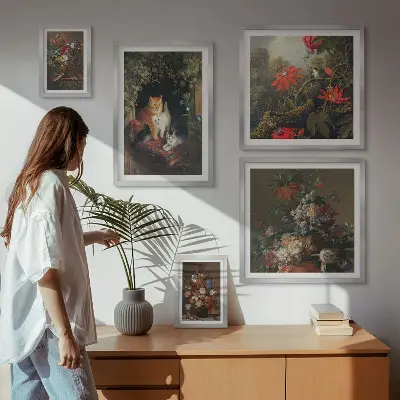 Wanddecoratie compositie met katten en bloemenprint in vintage stijl