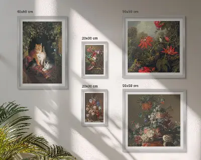 Wanddecoratie compositie met katten en bloemenprint in vintage stijl