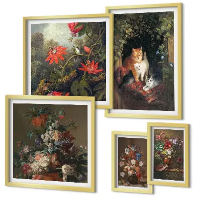 Wanddecoratie compositie met katten en bloemenprint in vintage stijl