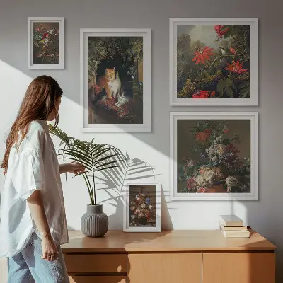 Wanddecoratie compositie met katten en bloemenprint in vintage stijl