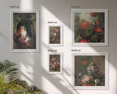 Wanddecoratie compositie met katten en bloemenprint in vintage stijl
