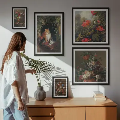 Wanddecoratie compositie met katten en bloemenprint in vintage stijl