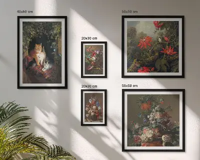 Wanddecoratie compositie met katten en bloemenprint in vintage stijl