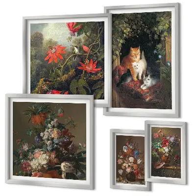 Wanddecoratie compositie met katten en bloemenprint in vintage stijl