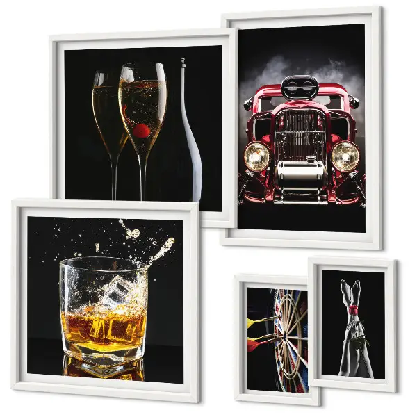 Gallery wall met stijlvolle retro auto- en drankthema's