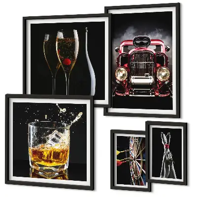 Gallery wall met stijlvolle retro auto- en drankthema's