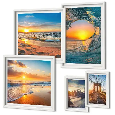 Moderne schilderijen set Zee zonsondergangen stadsbruggen