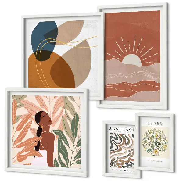 Set van moderne schilderijen met abstracte plantmotieven in boho-stijl