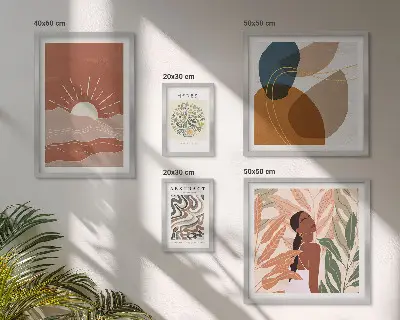 Set van moderne schilderijen met abstracte plantmotieven in boho-stijl