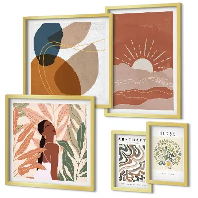 Set van moderne schilderijen met abstracte plantmotieven in boho-stijl