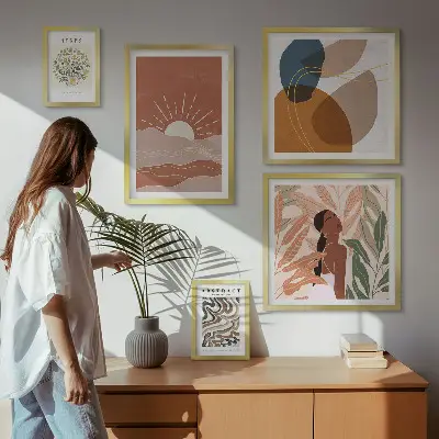 Set van moderne schilderijen met abstracte plantmotieven in boho-stijl