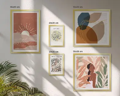 Set van moderne schilderijen met abstracte plantmotieven in boho-stijl