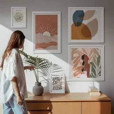 Set van moderne schilderijen met abstracte plantmotieven in boho-stijl