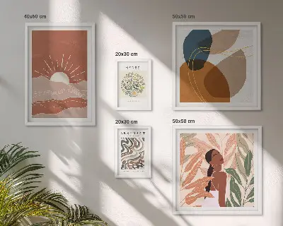 Set van moderne schilderijen met abstracte plantmotieven in boho-stijl