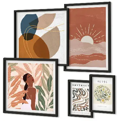 Set van moderne schilderijen met abstracte plantmotieven in boho-stijl