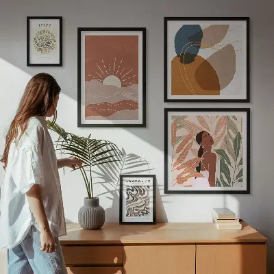 Set van moderne schilderijen met abstracte plantmotieven in boho-stijl
