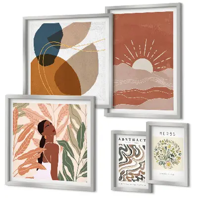 Set van moderne schilderijen met abstracte plantmotieven in boho-stijl