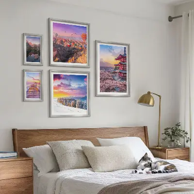 Wanddecoratie compositie met Aziatische bergen en bloemen
