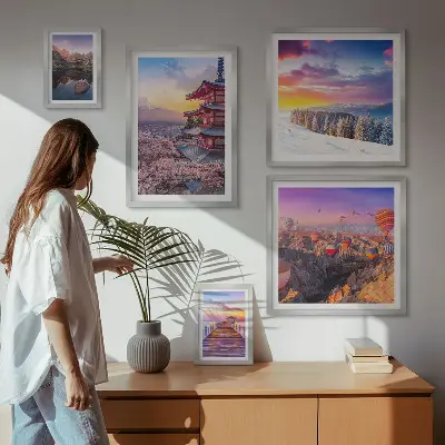 Wanddecoratie compositie met Aziatische bergen en bloemen