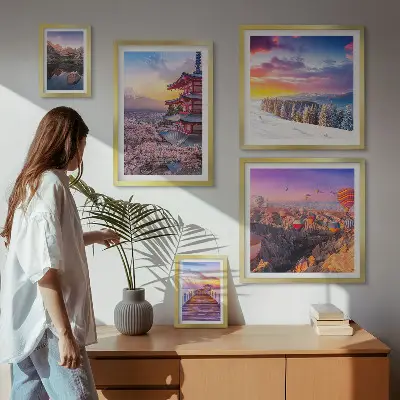 Wanddecoratie compositie met Aziatische bergen en bloemen